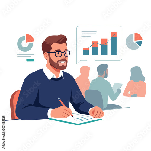Businessman analyzing graphs while sitting at office desk with coworkers