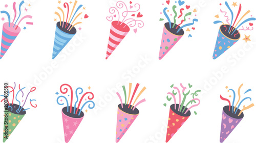 Party poppers set, colorful confetti cannons collection with festive celebration elements and decorative bursts