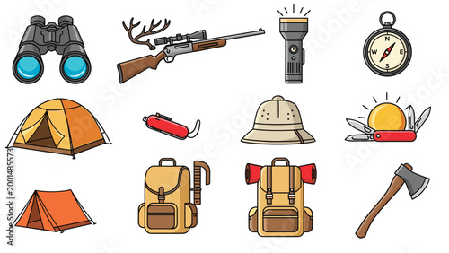 Diverse collection of hunting and camping gear icons featuring a tent, rifle, binoculars, compass, backpack, and survival tools.