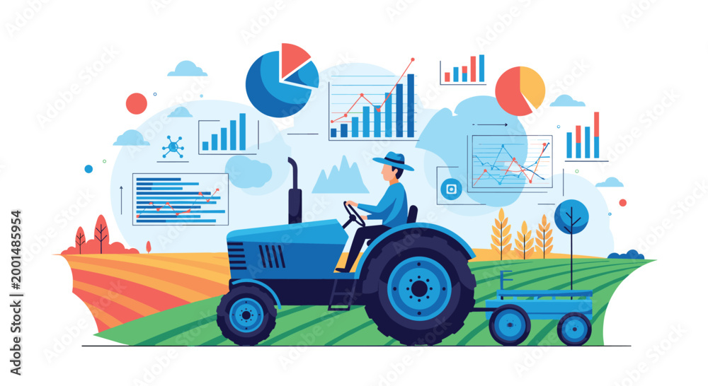 Naklejka premium Professional farmer driving a blue tractor in a field with various data charts and graphs showing smart farming and modern agriculture.