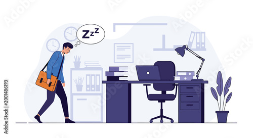 Tired businessman leaving a dark office late at night while dreaming of sleep as shown by a thought bubble with a Zzz symbol above his head.