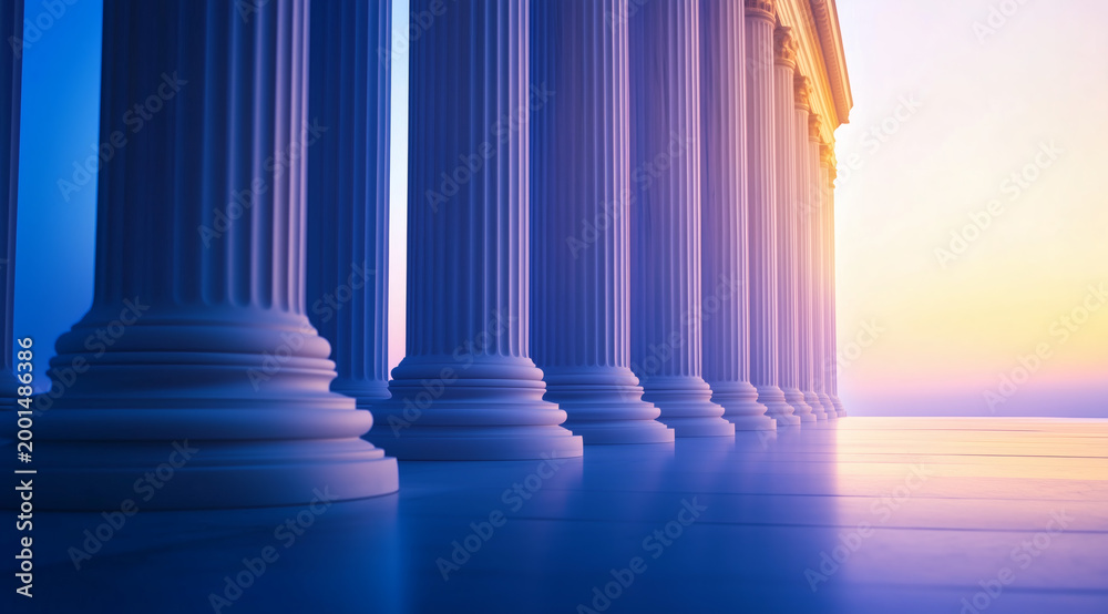 Obraz premium Greek marble columns rise with blue sky, calm water and mountains complete a soothing architectural setting