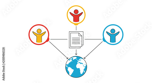 Global business network concept showing a document connected to three diverse team members from different parts of the world with lines.