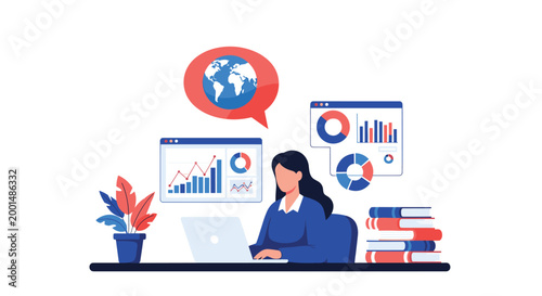 Professional woman works on her laptop at a desk while analyzing global market data shown through various charts and a world map bubble.
