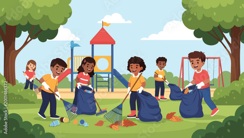 Group of energetic children working together to clean up trash and leaves at a colorful public playground in a park.