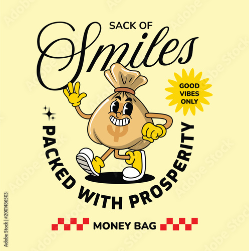Cute money bag mascot character walking happily with 