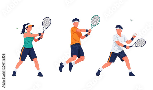 Active tennis players vector set with young men and women in sportswear hitting ball and holding rackets for sports design