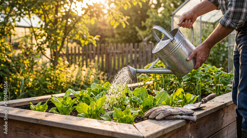 Fotografie Gardener waters fresh green lettuce seedlings in a sunlit raised garden bed with a metal watering can