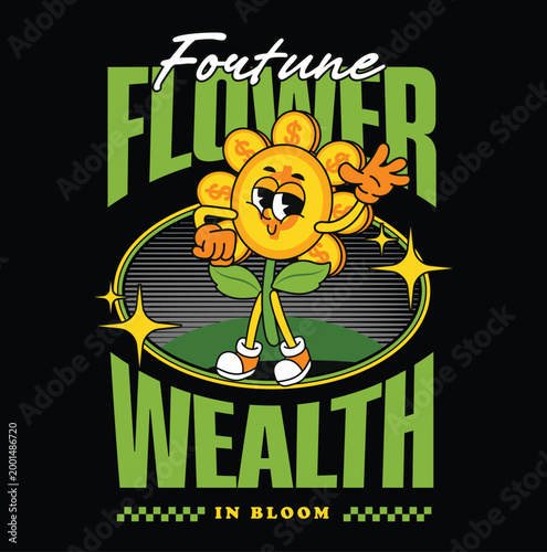 Retro cartoon character of a happy flower mascot with dollar signs for Fortune Flower Wealth