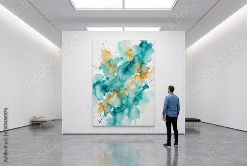 Man Contemplating Abstract Watercolor Painting in Modern Gallery