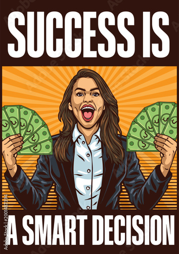 Vintage detailed female mascot holding money in both hands