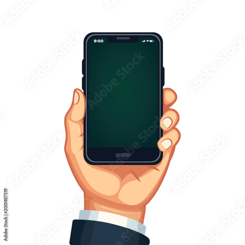Human hand holding modern smartphone with empty screen mockup. Clean vector illustration ideal for app presentation, UI design, mobile interface showcase, and digital marketing concepts.