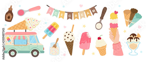 Ice cream truck set with waffle cones, fruit popsicles, chocolate topping and scoops. Summer dessert collection featuring food van, garland flags, sprinkles jar and sundae glass bowl.