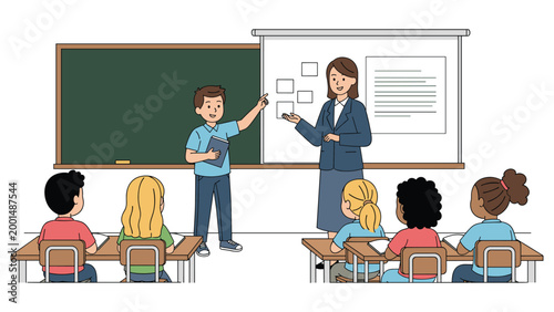 Young male student holding a book and presenting an interesting topic to a teacher and classmates in a classroom.