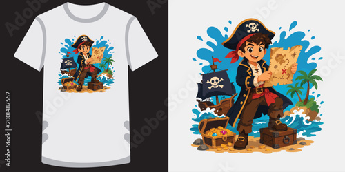 Valokuva Little pirate boy holding treasure map on tropical island with ship and chest full of gold