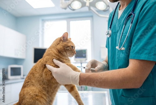 Veterinary Doctor Performing Health Checkup and Injection for Feline Patient