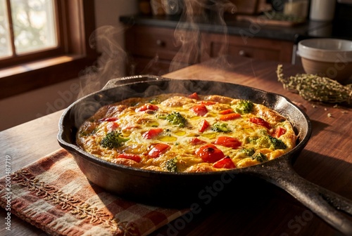 Steaming Hot Vegetable Omelet with Red Peppers and Broccoli
