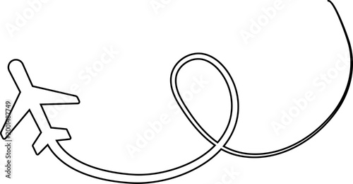 Airplane line path route, flight. Travel icon