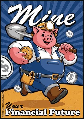Happy piggy bank character holding a gold coin for retro poster design