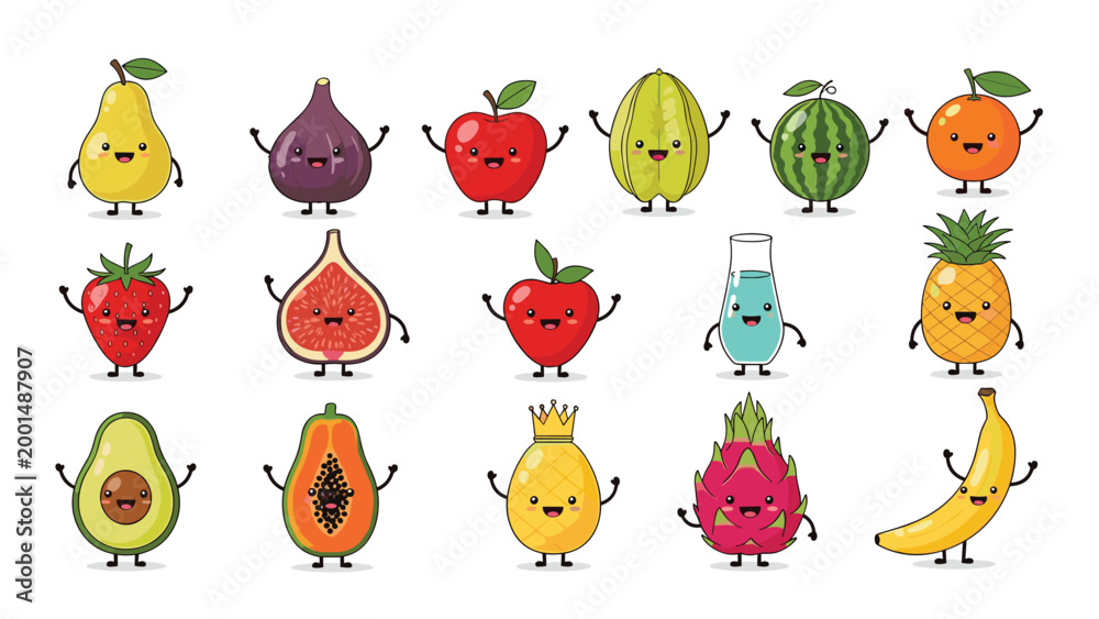 Obraz premium Large collection of cute and happy fruit characters with smiling faces and expressive personalities on white.