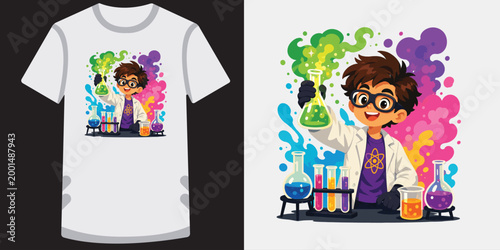 Young boy in glasses experimenting with chemicals, colorful smoke and liquid pouring from beaker.
