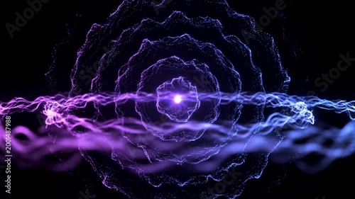 Abstract glowing energy sphere with swirling particles on dark background