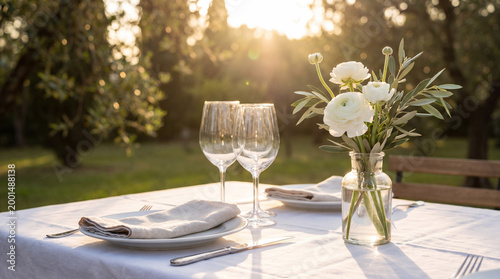 Fotografie Elegant outdoor dining table set for two with wine glasses and white flowers