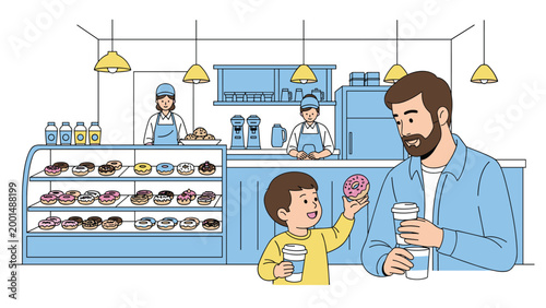 Happy father and his young son choosing delicious treats together at a colorful donut shop and bakery with friendly staff.