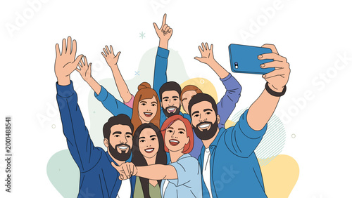 Joyful group of diverse friends taking a group selfie with a smartphone to capture a happy memory together.