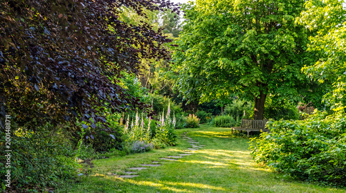 Fotografie Idyllic garden path with stepping stones leading to a shaded wooden bench amongst lush summer foliage
