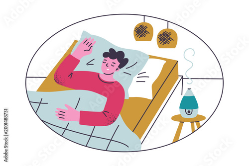 Cozy bedroom scene with sleeping man character, bright flat cartoon male resting under blanket. Minimal interior design and night rest, textured colorful vector illustration