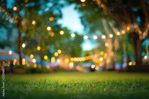 Blurred outdoor scene with glowing lights strung between trees, focusing on green grass