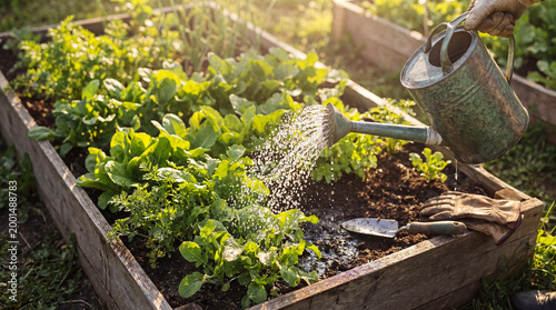 Foto Gloved hand waters diverse green plants in a rustic wooden raised garden bed under golden sunlight