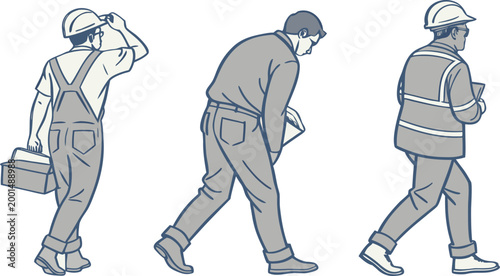 Three construction workers in hard hats and uniforms, walking in a line, flat team