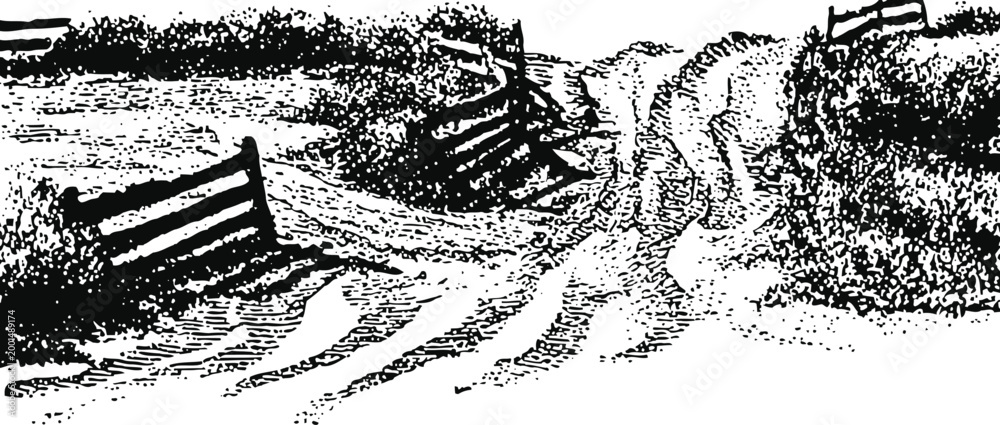 Obraz premium rural dirt road with wooden fences and tire tracks in countryside landscape sketch