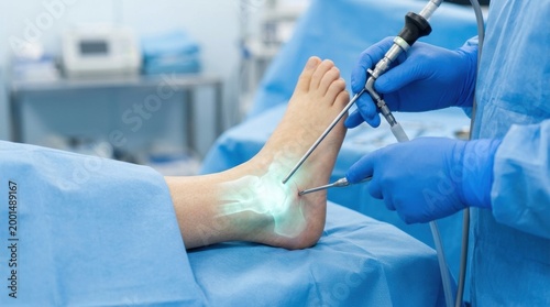 Surgeon performs minimally invasive ankle surgery using arthroscopic instruments