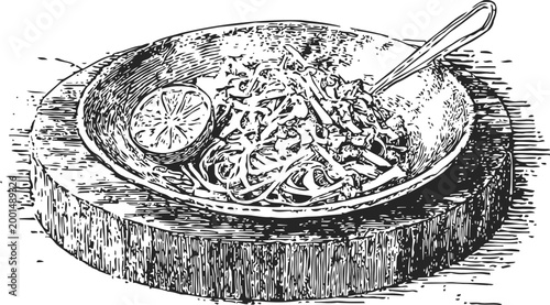 Spaghetti with tomato sauce and lemon wedge on wooden board with fork vintage engraving