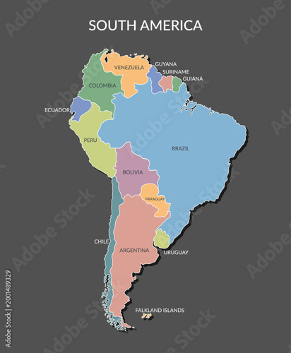 South America continent isolated on black background. Countries of South America. Vector flat clipart.