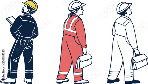 Three construction workers in hard hats carrying toolboxes looking up on white background