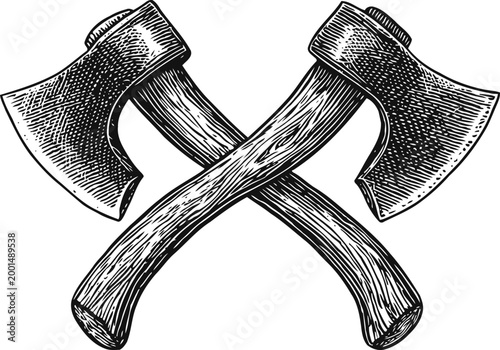 Crossed axes with wooden handles vintage hand drawn forest tools illustration