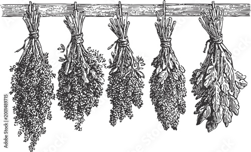 Herbs hanging to dry bunches of fresh aromatic herbs tied with string and suspended on wooden rod