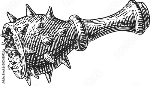 Medieval spiked club weapon vintage hand drawn brutal war mace illustration
