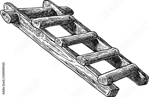 Rustic wooden ladder vintage illustration handcrafted log ladder with rounded rungs for climbing and access