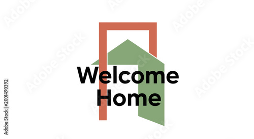 Welcome home sign, house logo, green roof, vector icon, home sweet home symbol