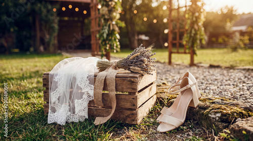 Canvastavla Beautiful bridal veil, a rustic lavender and wheat bouquet, and elegant wedding sandals on a wooden crate outdoors