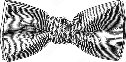 Vintage hand drawn bow tie illustration in detailed black and white engraving