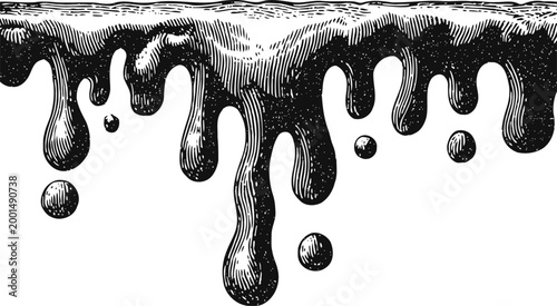 Dripping liquid illustration black ink or paint dripping down with detailed texture ink drops and splashes on white background