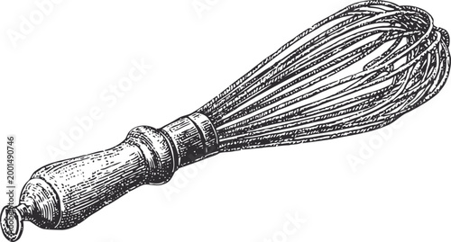 Vintage kitchen whisk illustration with wooden handle, hand drawn cooking utensil sketch