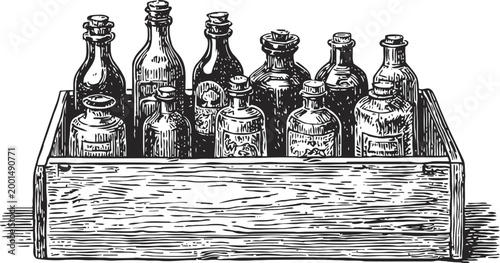 Vintage wooden crate with assorted old glass bottles and jars detailed line art illustration