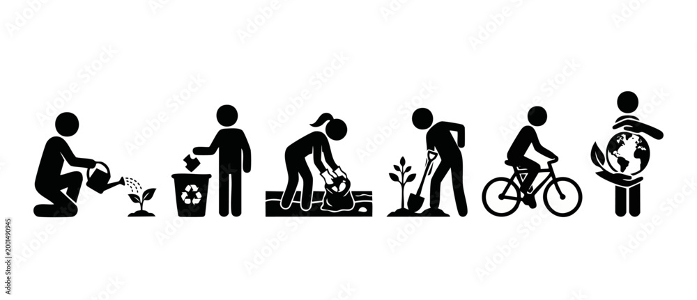 Obraz premium Sustainability Icon Set, People Practicing Environmental Protection, Eco Friendly Lifestyle Activities, Recycling Planting Cycling Earth Conservation Symbols, Flat Black Vector Illustrations For Green